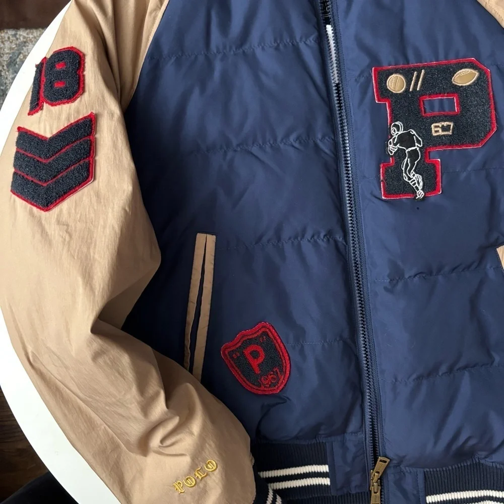 Polo Ralph Lauren Varsity Duck Down Puffer Bomber Jacket Size Medium Navy Blue